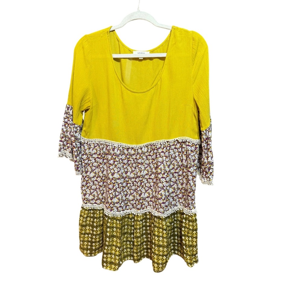 Umgee USA Mustard Yellow Floral Boho Mixed Print Tunic Top Crochet Lace Medium